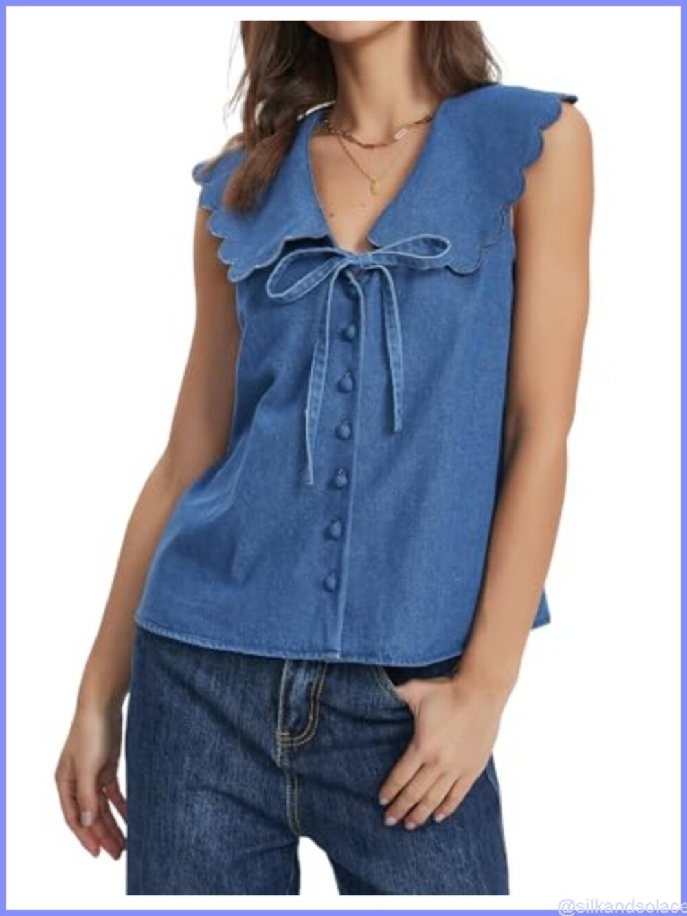 Sleeveless Denim Vest with Bow Tie Front & Peter Pan Collar Summer